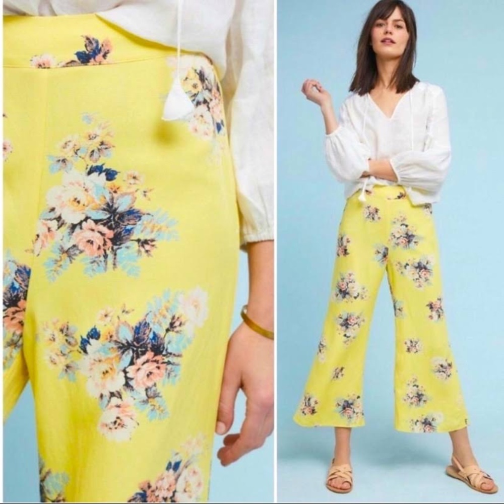 Anthropologie Feather Bone size 6 yellow floral pants Talese